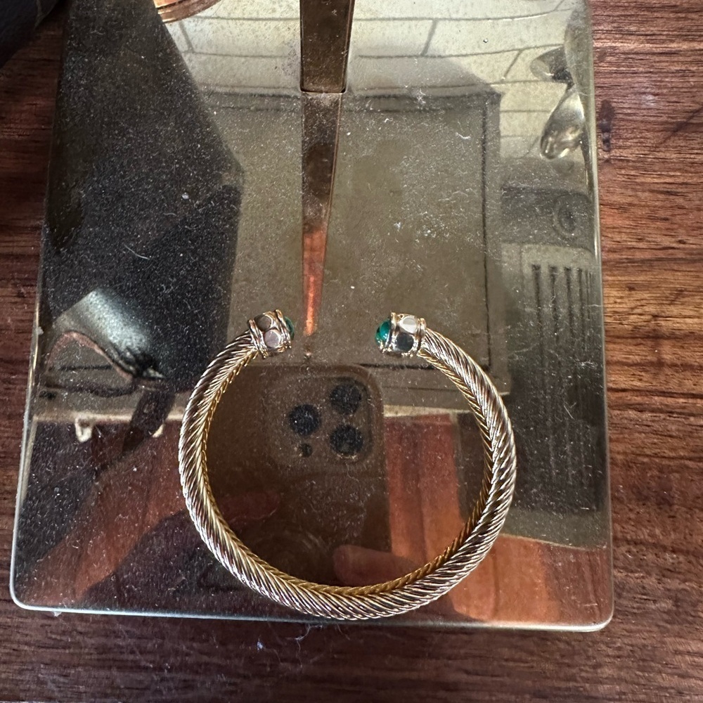 Gold Twisted Bracelet with green stone